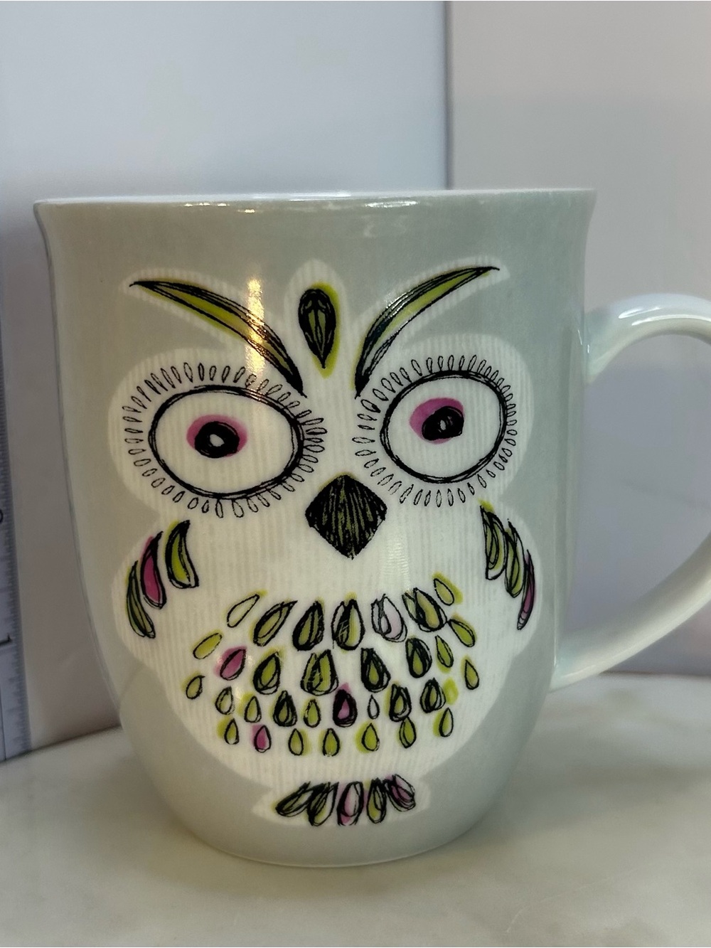 Creative Tops Inc. Owl Ceramic Mug in Light Gray Pink and Yellow Accents